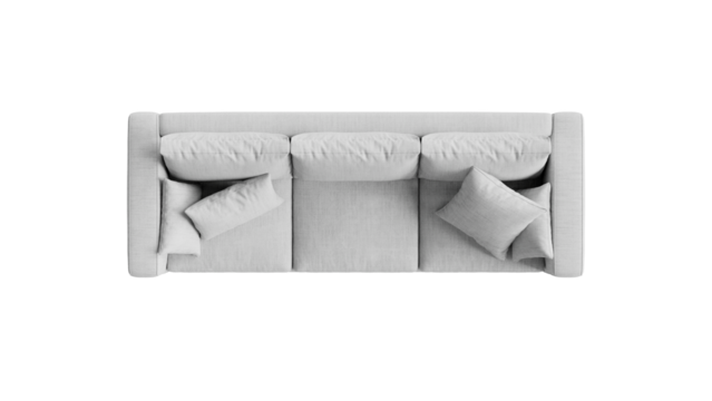 Top view of a white sofa on an isolated background. Furniture for collages, graphics designs, and presentations.