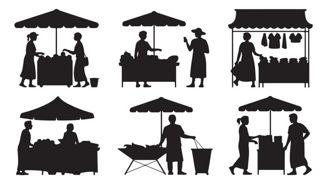 Set of farmers market silhouettes various vendors selling produce and goods vector illustration isolated on white background