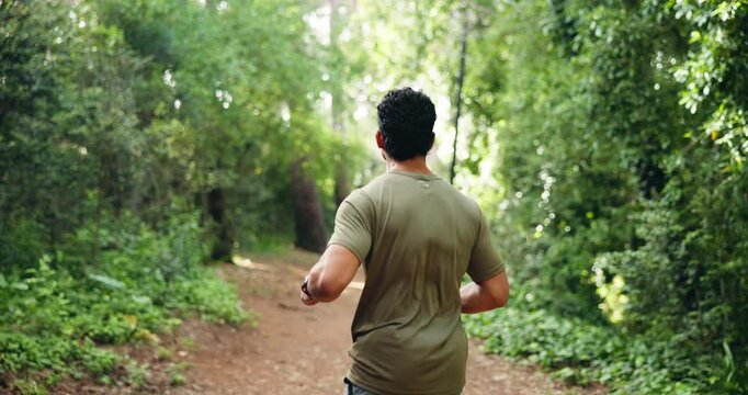 Man, runner or stretching with legs in nature for workout preparation or outdoor exercise. Fitness, active or male person getting ready with warm up for trekking, hiking or training on forest path