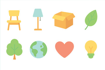 Home and environment flat icon set. Furniture, nature, earth, and heart icons collection.