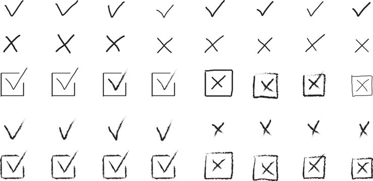 PrintCheck tick mark icon set. Cross box x check mark checkbox v list vector draw hand drawn sketch doodle brush marker checklist symbol wrong right circle. Vector Illustration