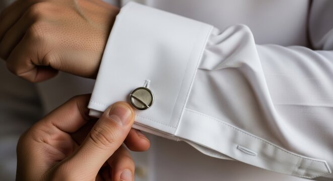 Closeup of a man fastening a cufflink on his white dress shirt, preparing for a formal event or wedding
