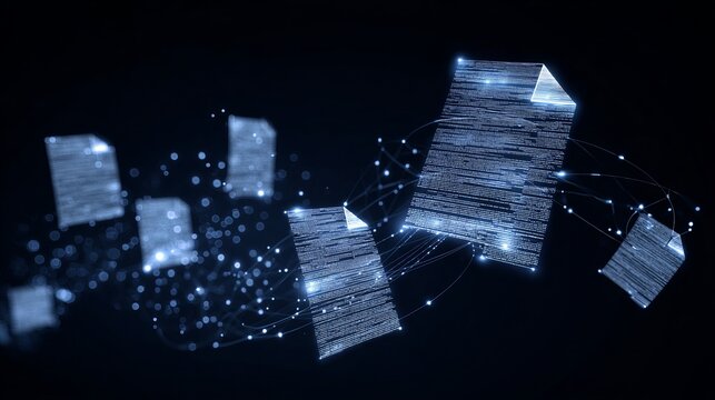 Dynamic digital documents float through abstract network connections, representing data flow and information exchange in a modern tech landscape.