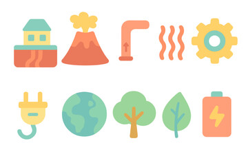 Fototapeta premium Environmental and geothermal flat icon set. Clean energy and nature icons flat style