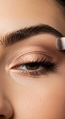 macro shot of eyelid and brow area during eyeshadow blending process, fluffy brush sweeping across crease in soft circular motion