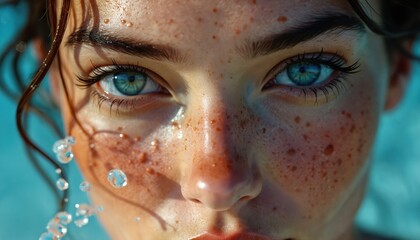 Macro shot presents womans face with freckles and blue eyes. Splashes water gives a refreshing vibe. Beautiful closeup of a hydrated face. Skincare hydration and beauty treatment shown in details.