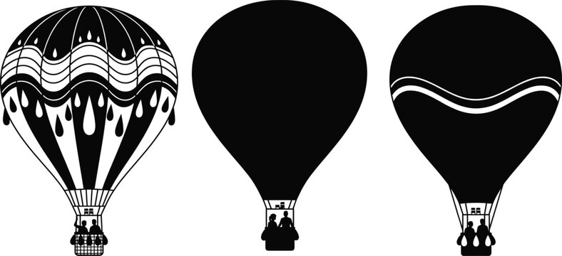 Hot air balloon vector set, silhouette and outline styles, decorative pattern, graphic design elements, editable anchor points, black icon
