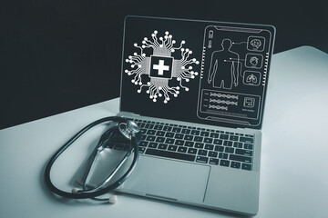 AI in healthcare,Healthcare innovation concept.,Laptop with futuristic medical interface showing AI brain, human anatomy, and patient data. MedTech, digital diagnostics, and stethoscope on desk.