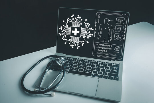 AI in healthcare,Healthcare innovation concept.,Laptop with futuristic medical interface showing AI brain, human anatomy, and patient data. MedTech, digital diagnostics, and stethoscope on desk.