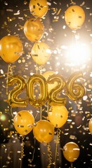 Golden Balloons and Confetti Celebrate New Year 2026 with Festive Sparkle.