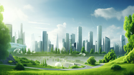 Fototapeta premium Green city skyline, nature reclaiming urban space, environmental hope