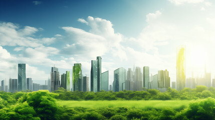 Fototapeta premium Green city skyline, nature reclaiming urban space, environmental hope