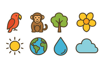 Fototapeta premium Nature, wildlife and weather flat icon set. Parrot, monkey, tree illustrations