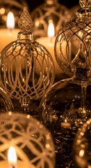 Golden Christmas Ornaments and Candles Creating a Warm Festive Atmosphere.