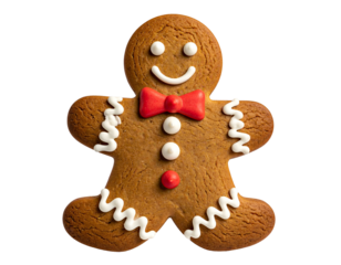 Festive gingerbread man cookie with icing and a red bow tie