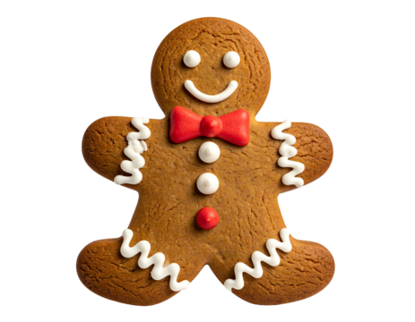 Festive gingerbread man cookie with icing and a red bow tie