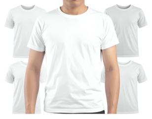 Five blank white t-shirts arranged around a model