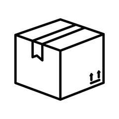 A simple line art icon of a closed cardboard box with tape and fragile arrows