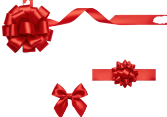 Red satin ribbons and bows, large bow top left, small bow on ribbon bottom, flowing strand, white background, copy space, clean studio lighting, gift decoration concept