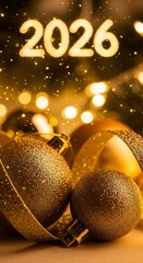 Golden Christmas Ornaments with Glowing 2026 New Year Lights.