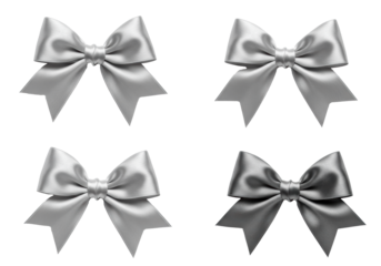 Four elegant silver satin bows, various shades, flowing curled tails, isolated on a transparent studio background with copy space, luxurious festive product concept