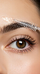 close-up beauty footage focusing on eyebrow and upper eye area, clear brow gel wand combing through hairs with upward strokes, natural skin texture visible, 