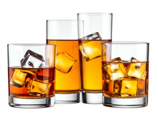 Four glasses filled with amber liquid and ice cubes (1)