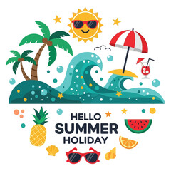 Vibrant summer holiday scene with sun, waves, palm trees, cocktails, and beach essentials inviting relaxation and fun adventures