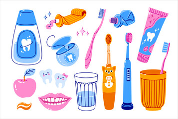 Oral hygiene set. Toothbrushes, dental floss, smiling teeth, mouthwash and toothpaste. Colorful trendy set of vector hand-drawn isolated illustration.