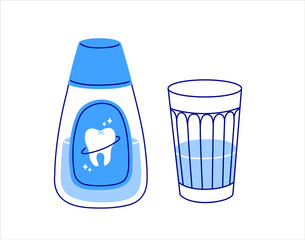 Mouthwash bottle and glass of water. Oral hygiene and fresh breath concept. Daily oral care routine. Hand drawn isolated vector illustration.