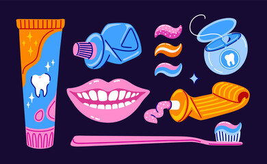 Toothpaste, toothbrush, dental floss and smiling teeth. Trendy colorful hand drawn set. Vector isolated illustration.