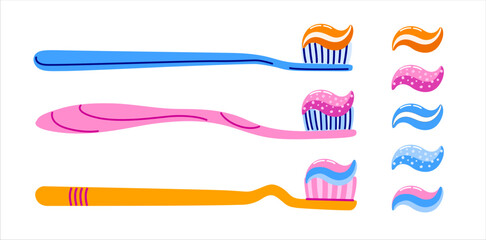 Toothbrushes and blob of toothpaste. Toothpaste streak. Concept of daily dental hygiene routine. Vector isolated illustration.