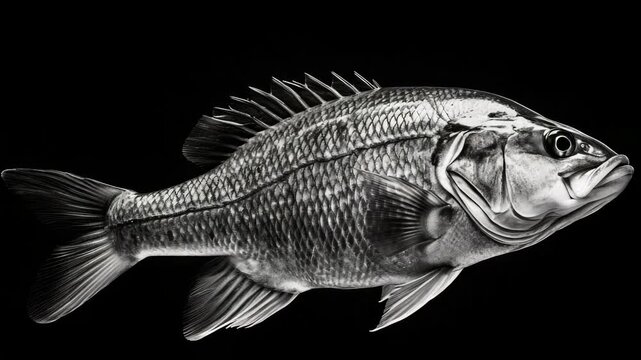 A fish is shown in black and white. The fish is silver and has a black head. The fish is swimming in the water