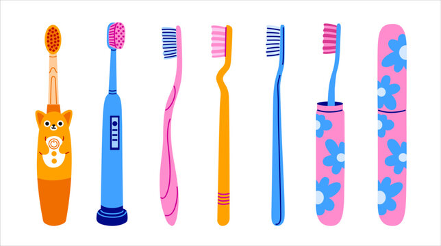 Set of various toothbrushes. Electric, manual, kids toothbrush types. Colorful set of vector hand drawn isolated illustration.