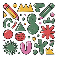 Colorful Doodle Art with Pencils and Abstract Shapes