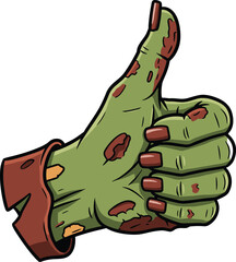 Obraz premium Zombie hand, thumbs up, cartoon style, green skin, horror humor, Halloween art, undead gesture, spooky design, creepy illustration, torn sleeve