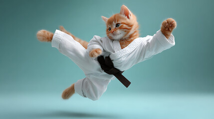 Adorable ginger kitten in martial arts gi performing a flying kick orange white