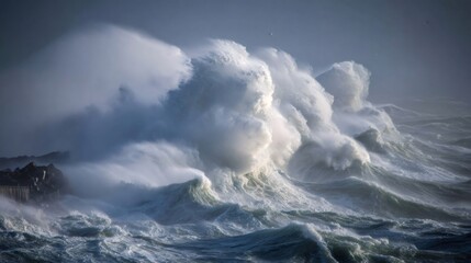 Naklejka premium Powerful ocean waves crashing against a rocky coast during a strong tempest, showing nature's force and energy