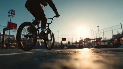 Fototapeta premium Silhouette of bmx rider performing stunts at sunset in a vibrant urban park