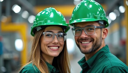 Fototapeta premium Man, woman smile in green hardhats, safety glasses at industrial manufacturing. Teamwork shows positivity in factory workspace. Collaboration of coworkers in healthy confident, joyful partnership at