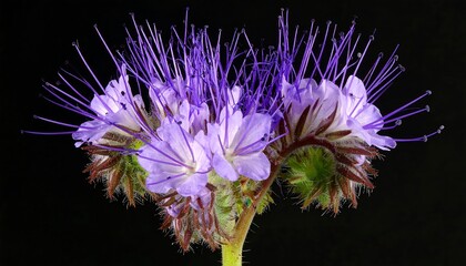 Close-up of a Phacelia flower with purple petals and long stamens.