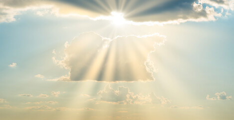 Sun light through cloud on blue sky. Blue sky, clouds and sun light