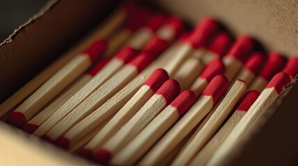 Naklejka premium Close-up of a Box Containing Wooden Matches with Red Heads, Capturing the Unique Texture and Details of Matchsticks for Various Creative Uses