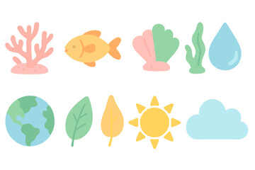 Ecology and nature flat icon set. Environmental, aquatic, botanical icons collection