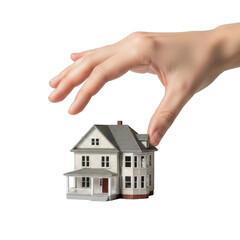 A hand is about to pick up a miniature house, symbolizing real estate, property investment, or the dream of homeownership and security