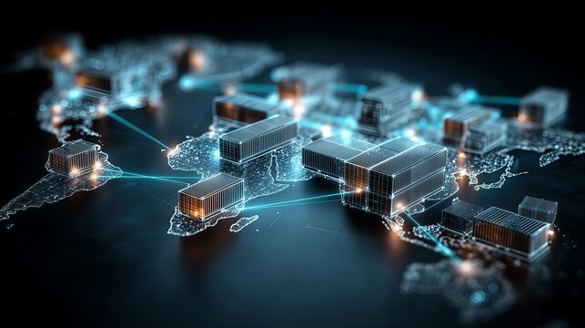 Global supply chain and data network concept: container or server blocks on world map with glowing connections, for logistics and technology background.