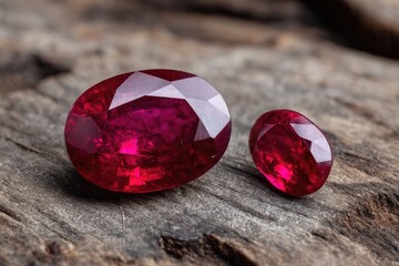 Two oval rubies on wood