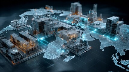 Global industry and supply chain network: digital factories and cities on holographic world map, symbolizing international trade, logistics, and technology.