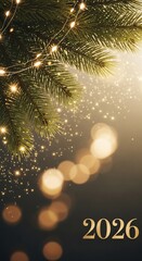 Happy New Year 2026 festive background with fir tree and golden bokeh.