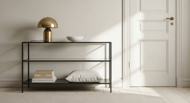 Modern minimalist console table with a brass lamp and decorative items in a bright room with natural light